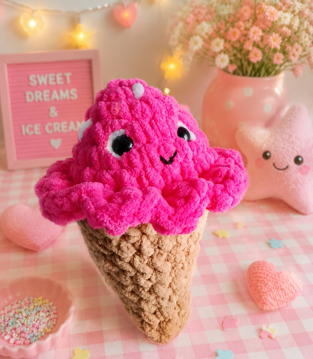 Cute amigurumi crochet ice cream plush toy for kids, gifting, and home décor.