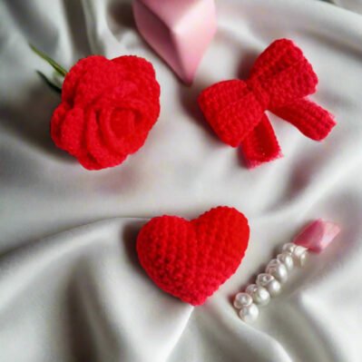 Crochet Red Rose, Heart & Bow Keychain – Handmade Gift for Her
