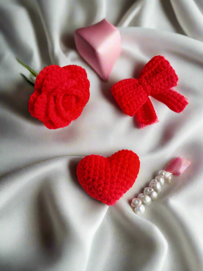 Crochet Red Rose, Heart & Bow Keychain – Handmade Gift for Her
