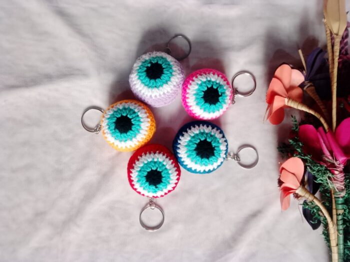 colorful crochet evil eye keychain