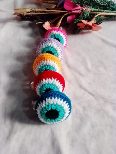 colorful evil eye crochet keychain