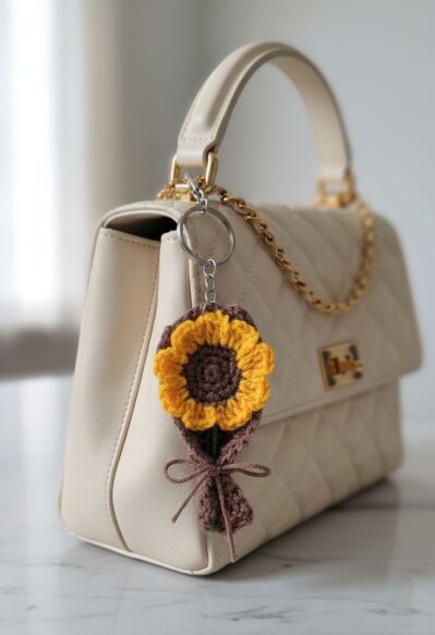 "Handmade crochet sunflower mini bouquet keychain for bags or keys"