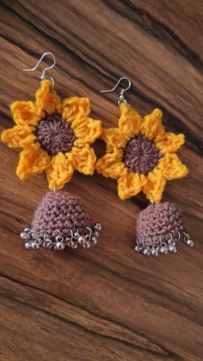 Trendy Crochet Sunflower Jhumkas | Handmade Crochet Earrings