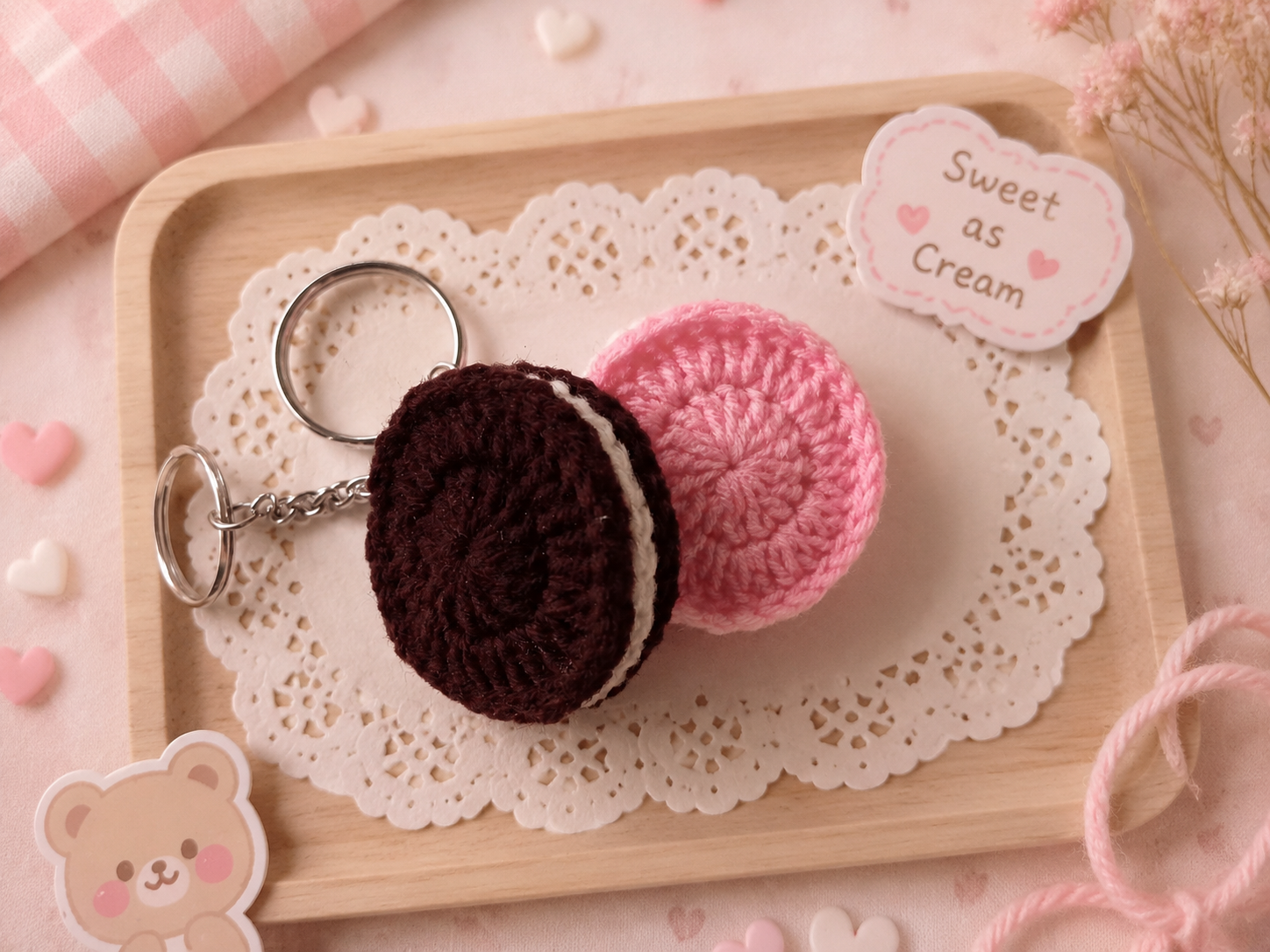 Crochet Cream Biscuit Keychain – Handmade Amigurumi Biscuit Bag Charm (pair of 2 )