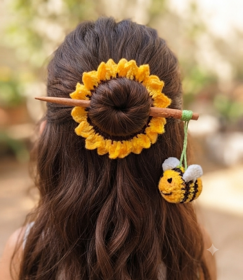 Handmade Crochet Sunflower Bun Stick | Floral Hair Stick