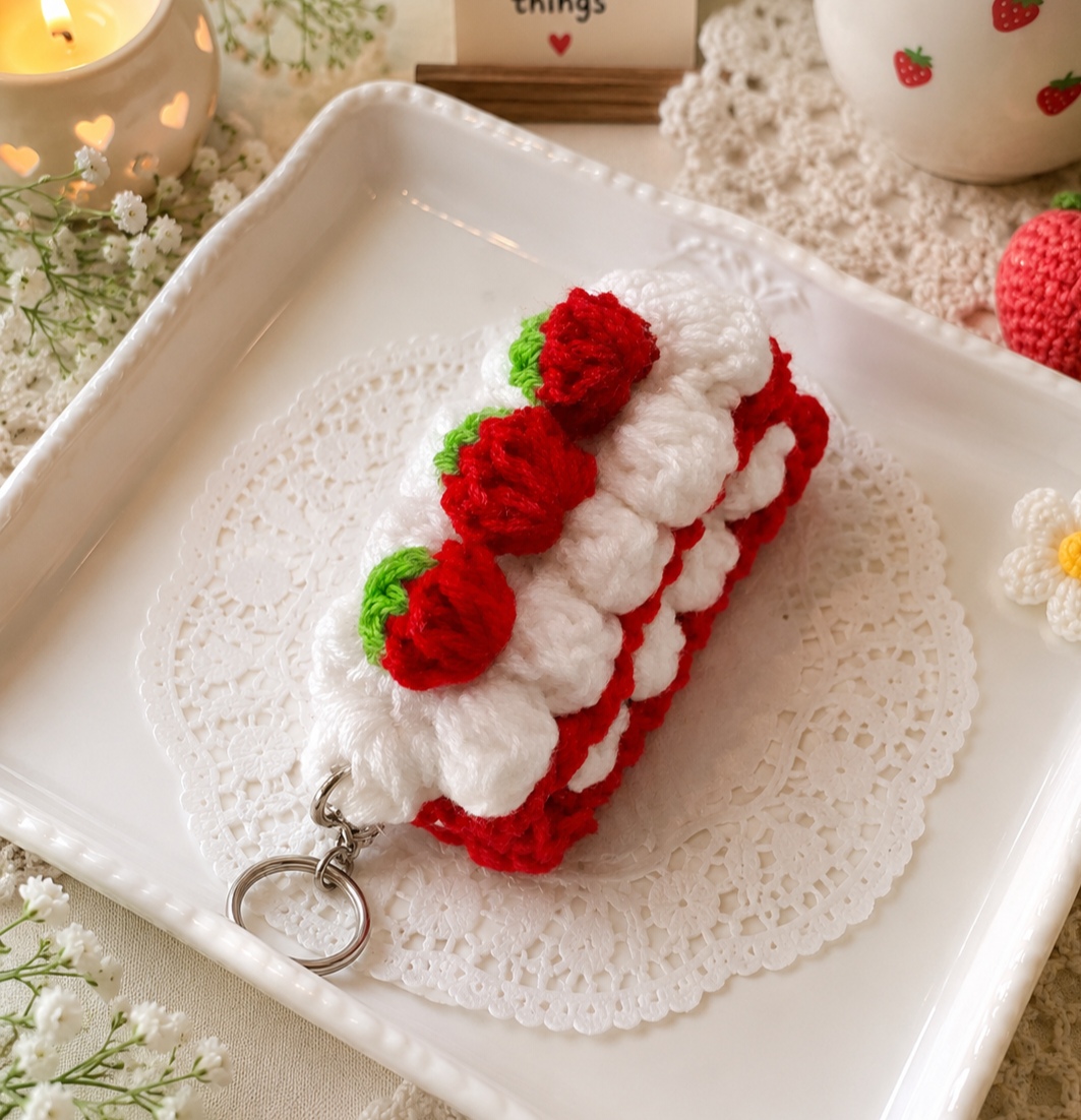 Kawaii crochet strawberry cake bag charm