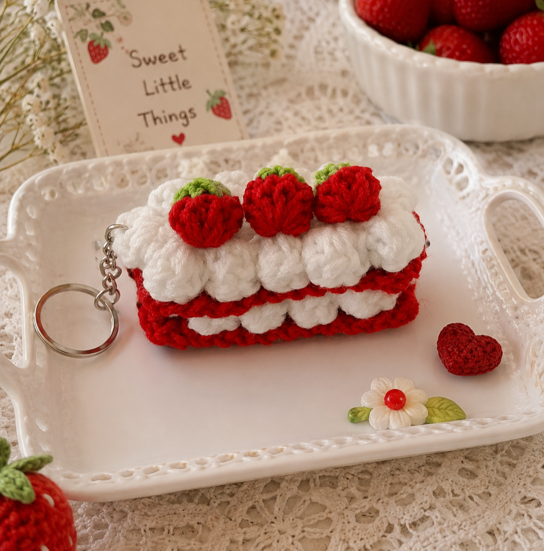 Handmade crochet strawberry cake slice keychain