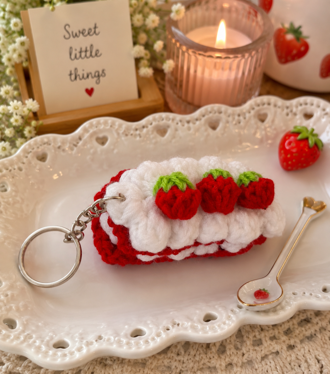 Crochet strawberry cake slice bag charm