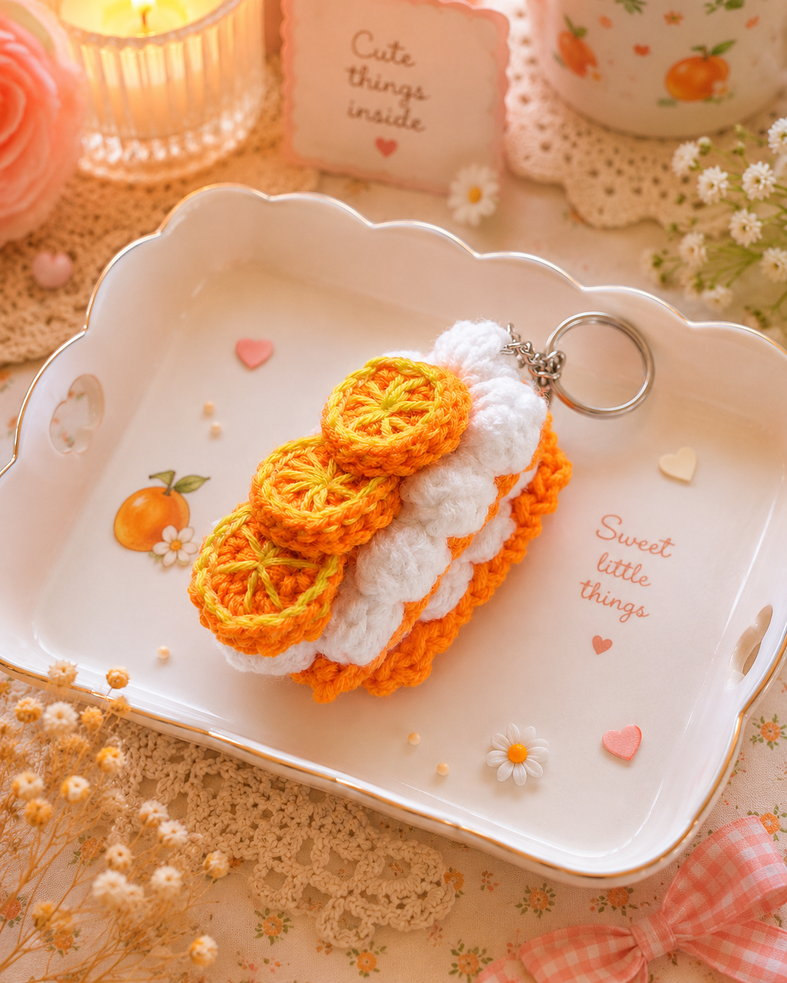 Cute Crochet Orange Cake Keychain | Handmade Keyring