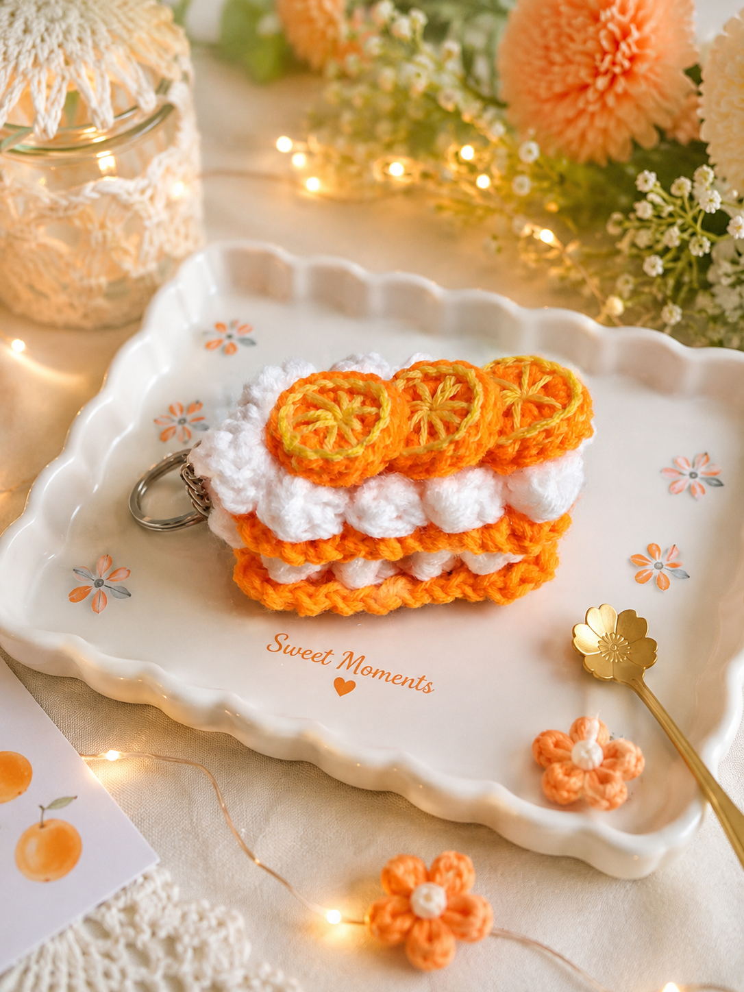 Handmade Crochet Orange Cake Keychain | Cute Bag Charm
